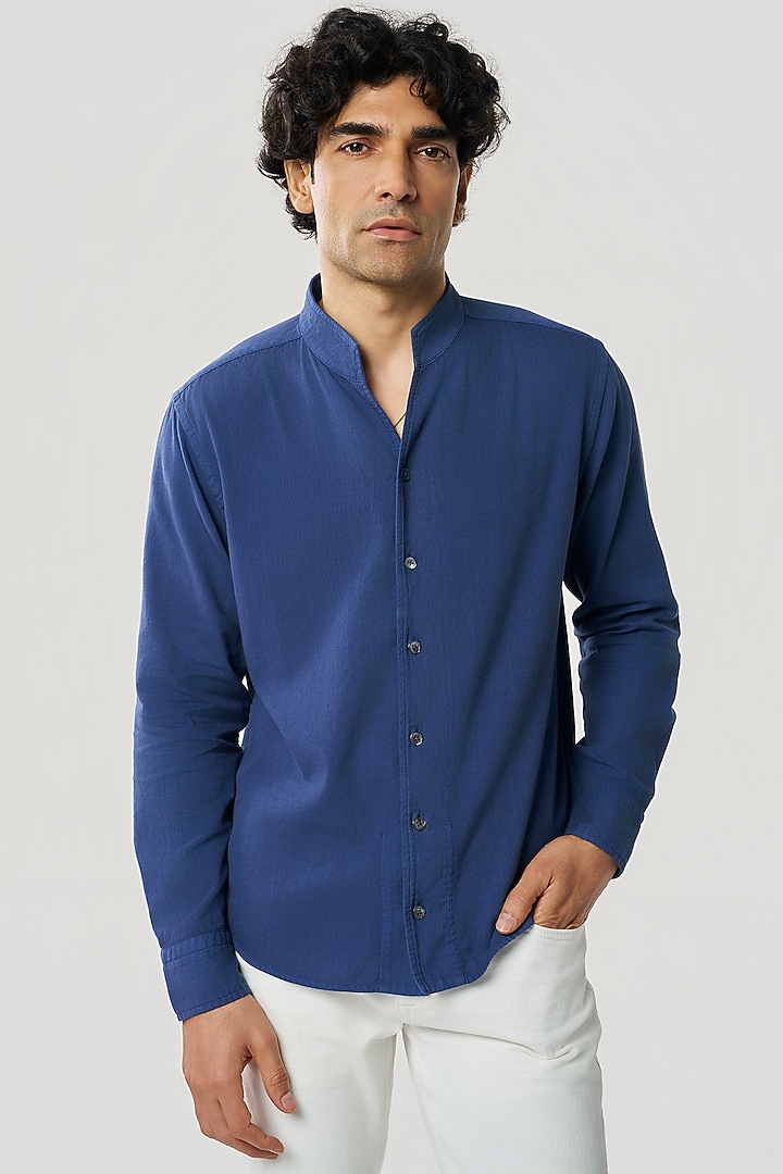 Navy Organic Khadi Cotton Party Wear Shirt by TERRA LUNA at Pernia's Pop Up Shop