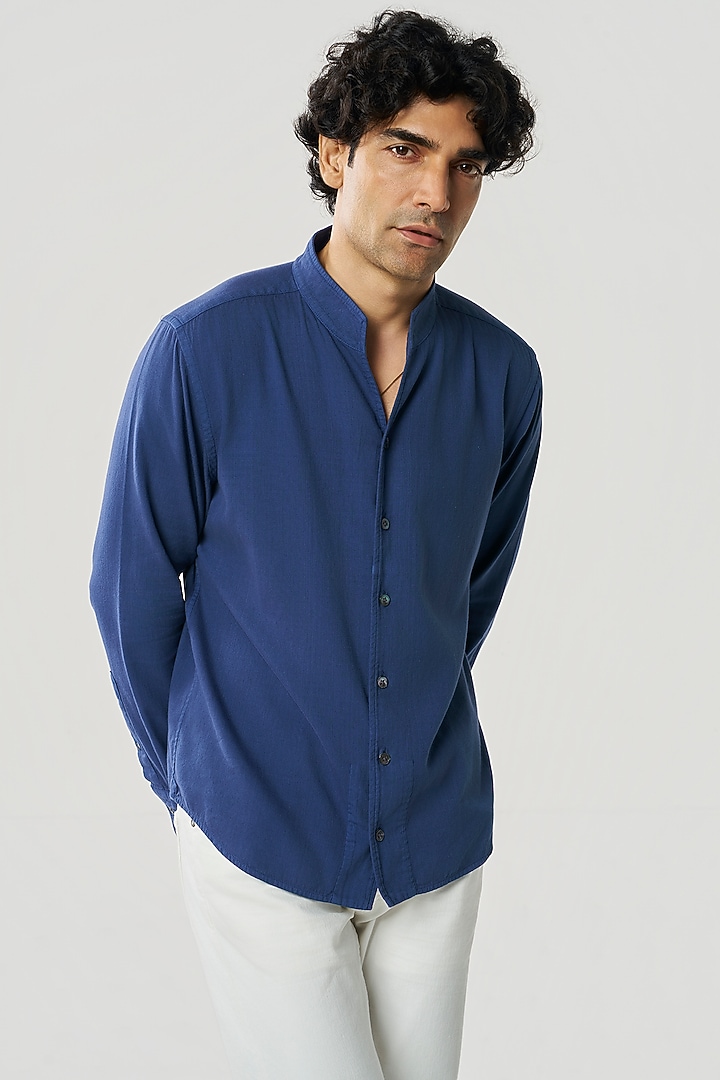 Navy Organic Khadi Cotton Party Wear Shirt by TERRA LUNA at Pernia's Pop Up Shop