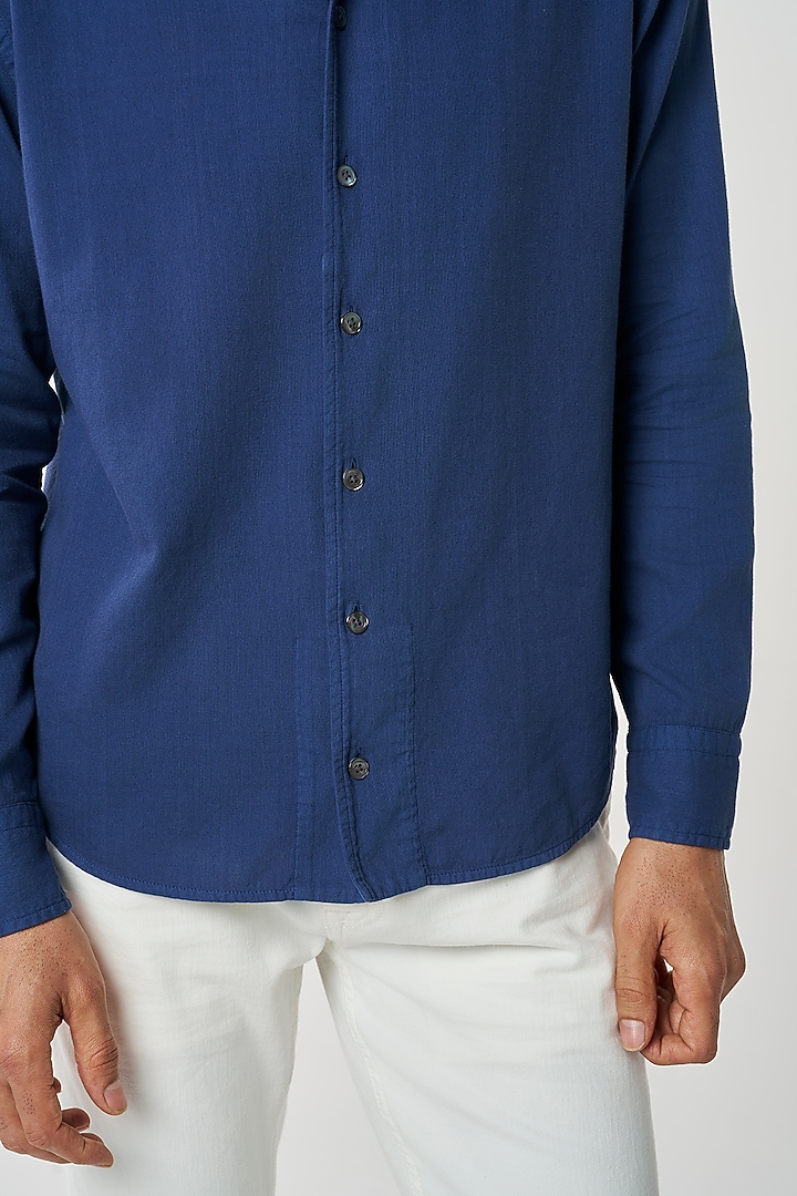 Navy Organic Khadi Cotton Party Wear Shirt by TERRA LUNA at Pernia's Pop Up Shop