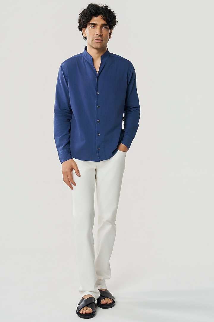 Navy Organic Khadi Cotton Party Wear Shirt by TERRA LUNA at Pernia's Pop Up Shop