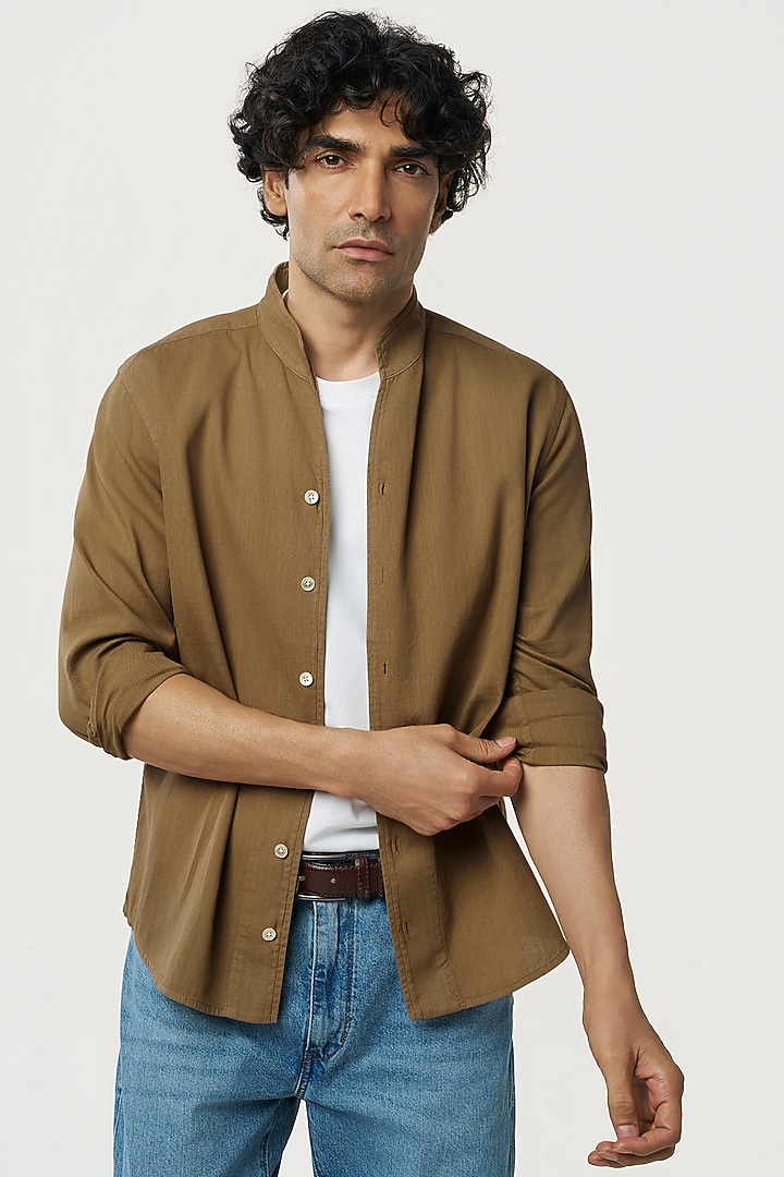 Sand-Colored Organic Khadi Cotton Party Wear Shirt by TERRA LUNA at Pernia's Pop Up Shop