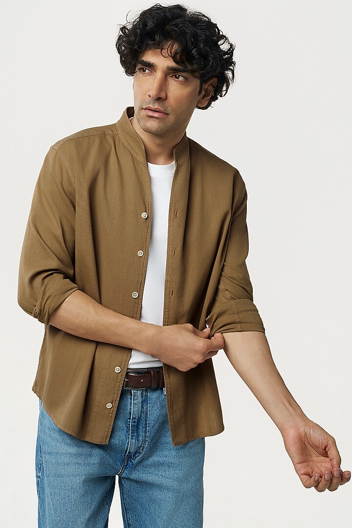 Sand-Colored Organic Khadi Cotton Party Wear Shirt by TERRA LUNA at Pernia's Pop Up Shop