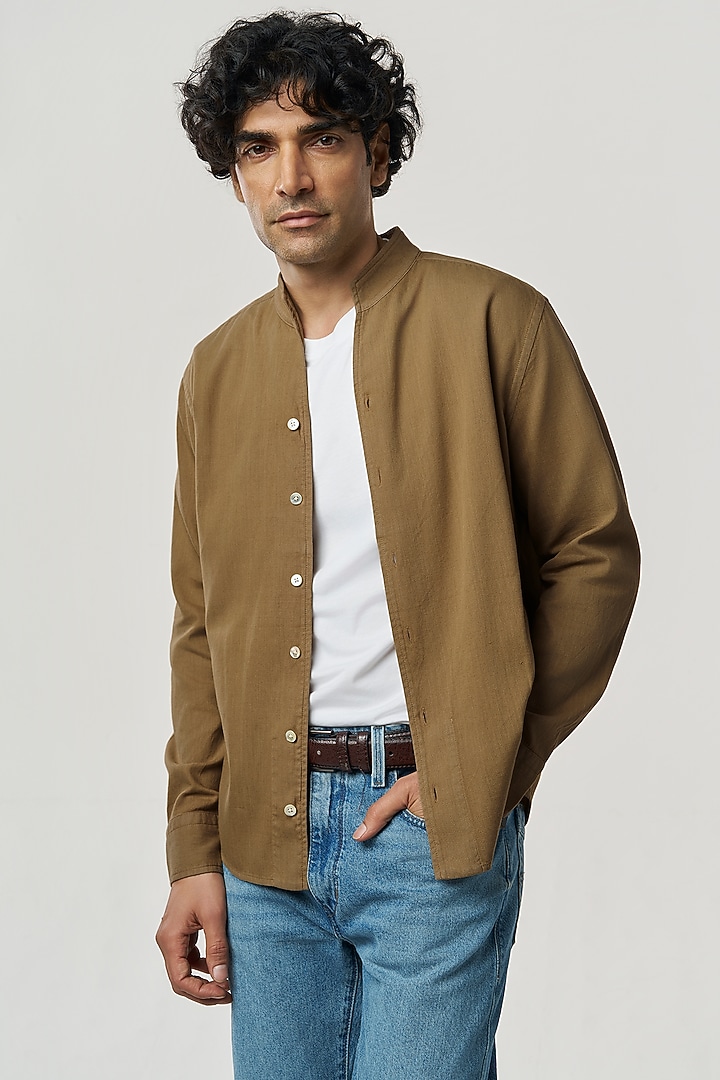 Sand-Colored Organic Khadi Cotton Party Wear Shirt by TERRA LUNA at Pernia's Pop Up Shop