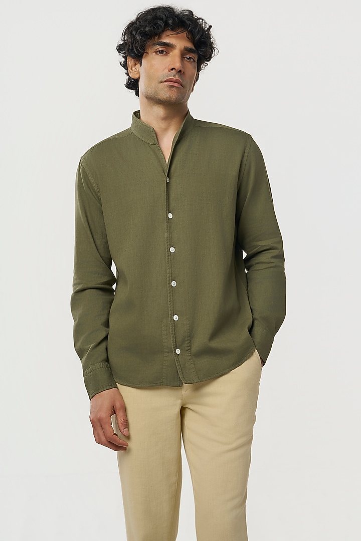 Khaki Organic Khadi Cotton Party Wear Shirt by TERRA LUNA at Pernia's Pop Up Shop