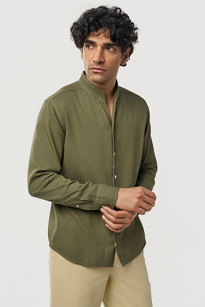 Khaki Organic Khadi Cotton Party Wear Shirt by TERRA LUNA at Pernia's Pop Up Shop