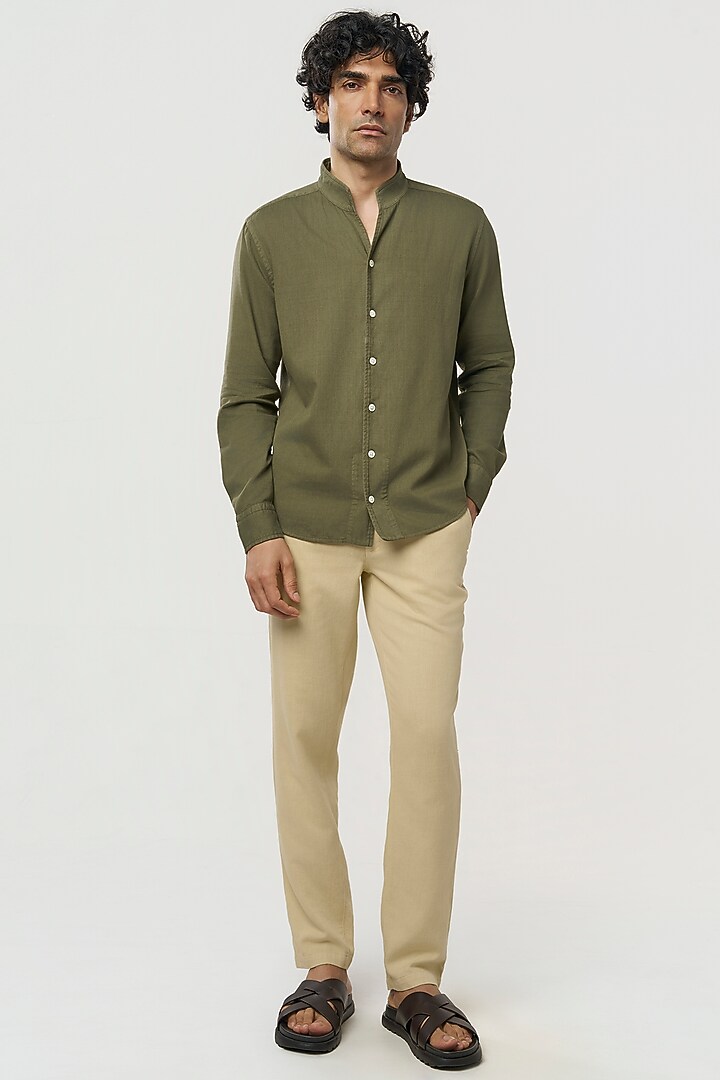 Khaki Organic Khadi Cotton Party Wear Shirt by TERRA LUNA at Pernia's Pop Up Shop