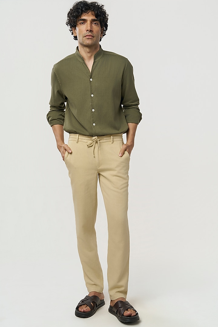 Khaki Organic Khadi Cotton Party Wear Shirt by TERRA LUNA at Pernia's Pop Up Shop