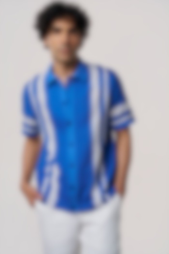 Ocean Blue Organic Khadi Cotton Stripe Printed Party Wear Shirt by TERRA LUNA at Pernia's Pop Up Shop