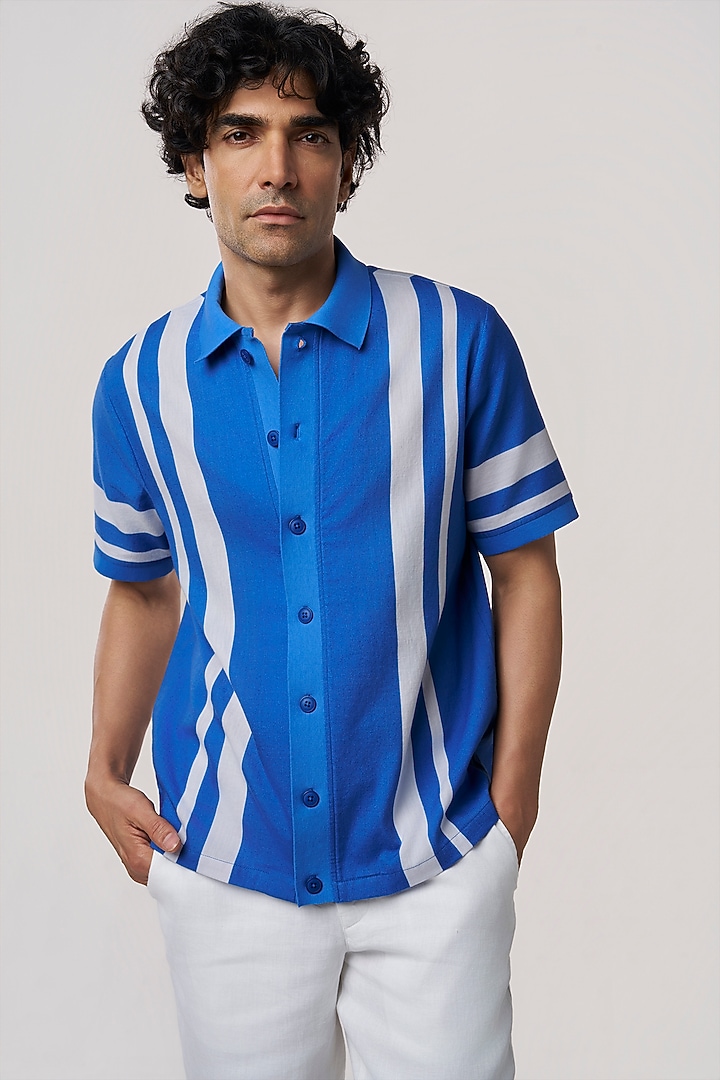 Ocean Blue Organic Khadi Cotton Stripe Printed Party Wear Shirt by TERRA LUNA at Pernia's Pop Up Shop