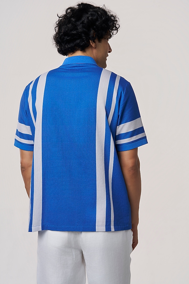 Ocean Blue Organic Khadi Cotton Stripe Printed Party Wear Shirt by TERRA LUNA at Pernia's Pop Up Shop