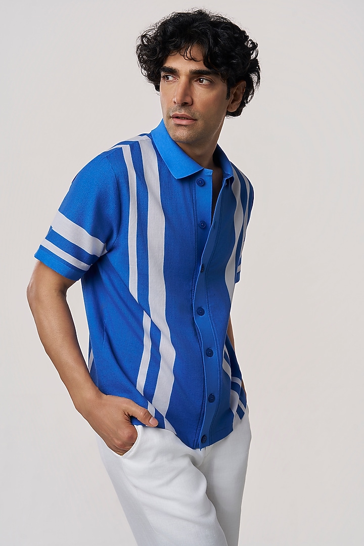 Ocean Blue Organic Khadi Cotton Stripe Printed Party Wear Shirt by TERRA LUNA at Pernia's Pop Up Shop