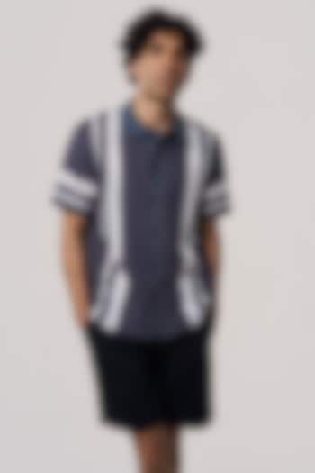 Smoke Grey Organic Khadi Cotton Stripe Printed Party Wear Shirt by TERRA LUNA at Pernia's Pop Up Shop