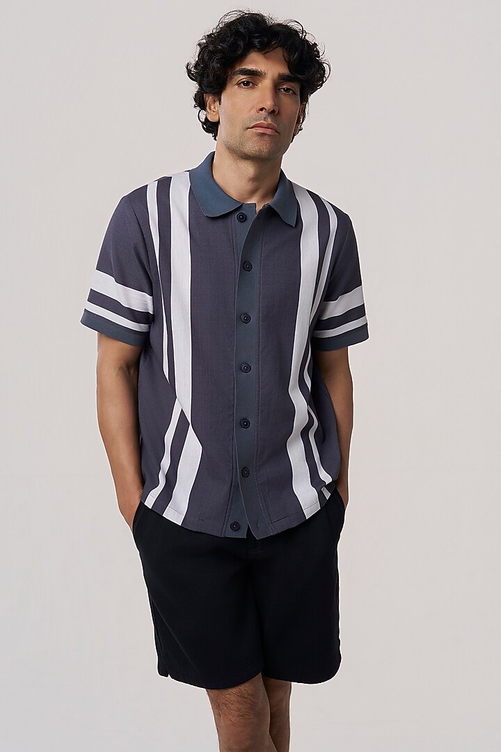 Smoke Grey Organic Khadi Cotton Stripe Printed Party Wear Shirt by TERRA LUNA at Pernia's Pop Up Shop