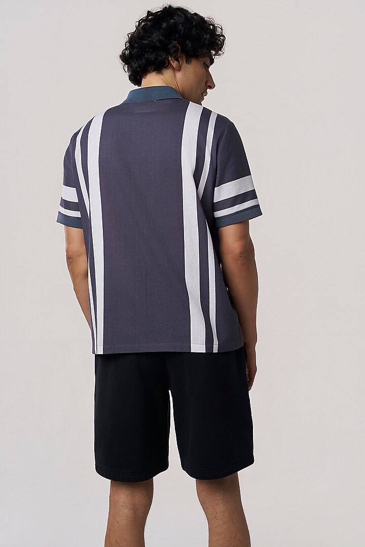 Smoke Grey Organic Khadi Cotton Stripe Printed Party Wear Shirt by TERRA LUNA at Pernia's Pop Up Shop