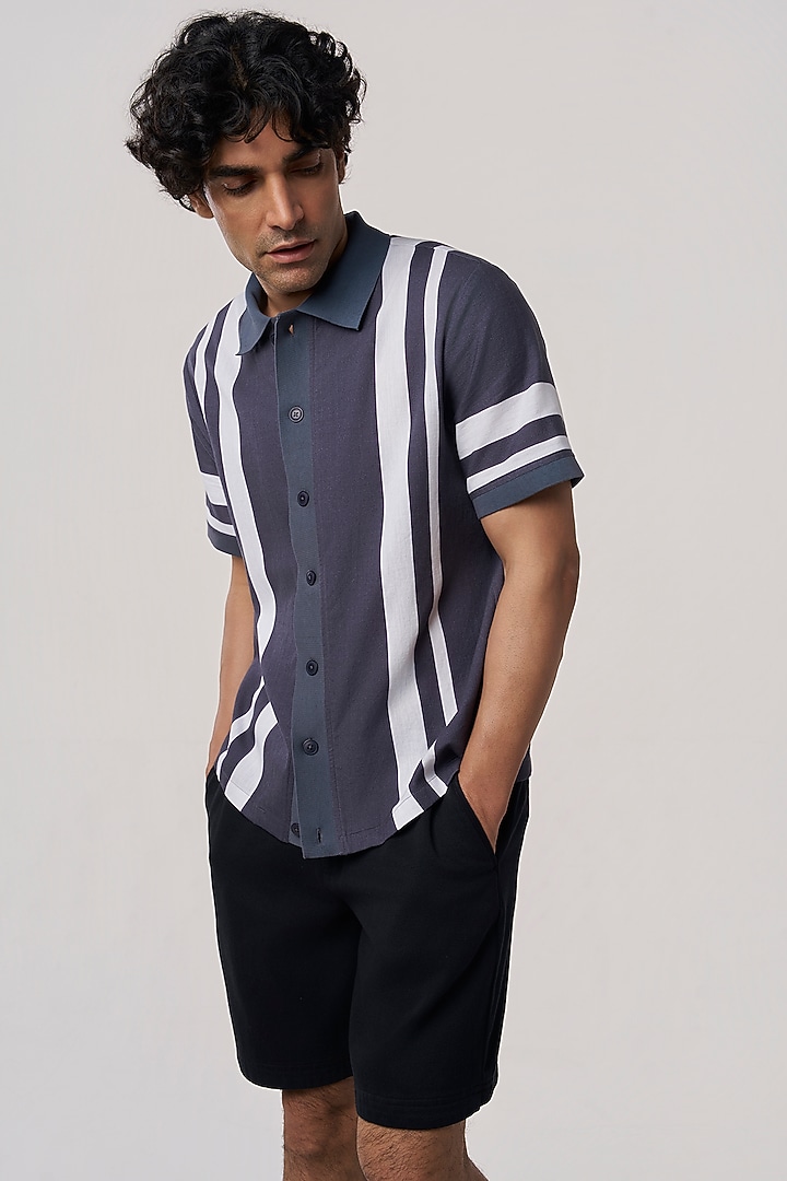 Smoke Grey Organic Khadi Cotton Stripe Printed Party Wear Shirt by TERRA LUNA at Pernia's Pop Up Shop