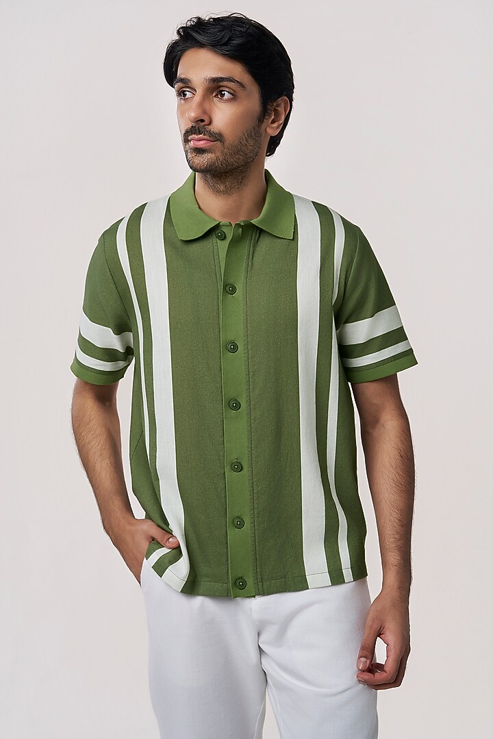 Cactus Green Organic Khadi Cotton Stripe Printed Party Wear Shirt by TERRA LUNA at Pernia's Pop Up Shop