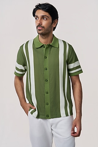 Cactus Green Organic Khadi Cotton Stripe Printed Shirt by TERRA LUNA