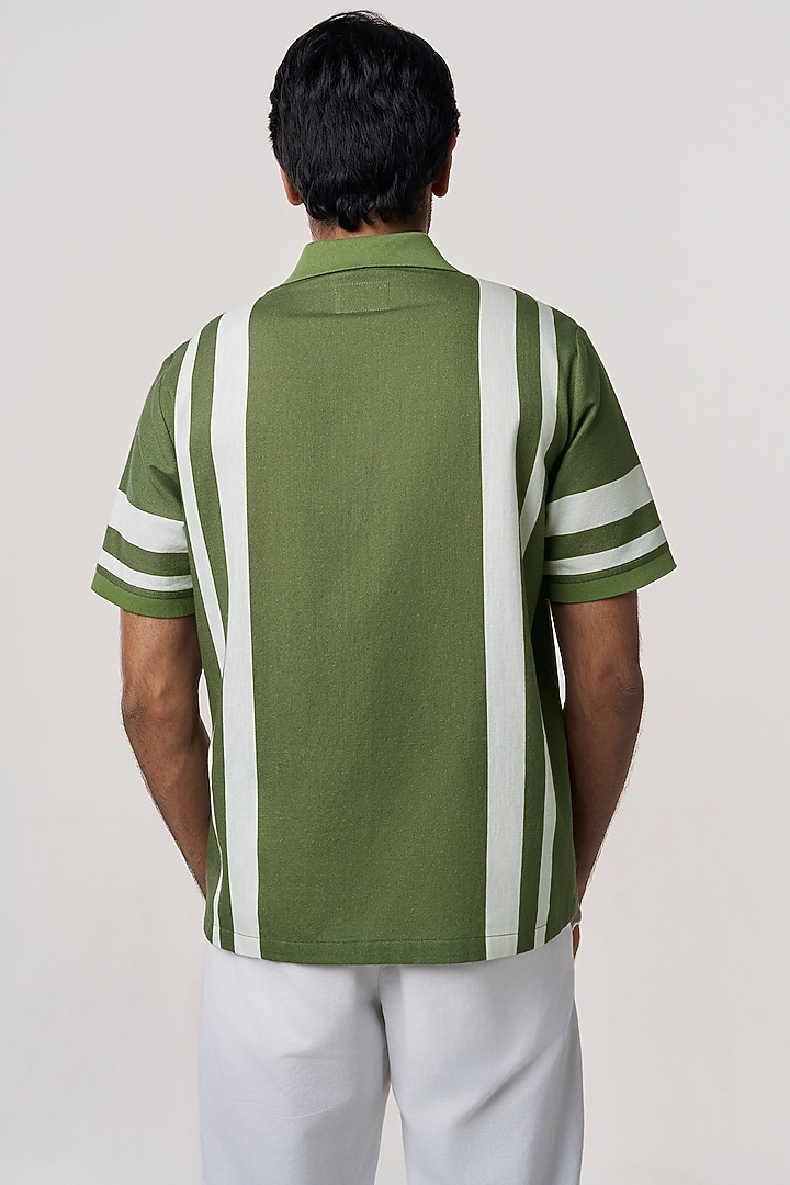 Cactus Green Organic Khadi Cotton Stripe Printed Party Wear Shirt by TERRA LUNA at Pernia's Pop Up Shop