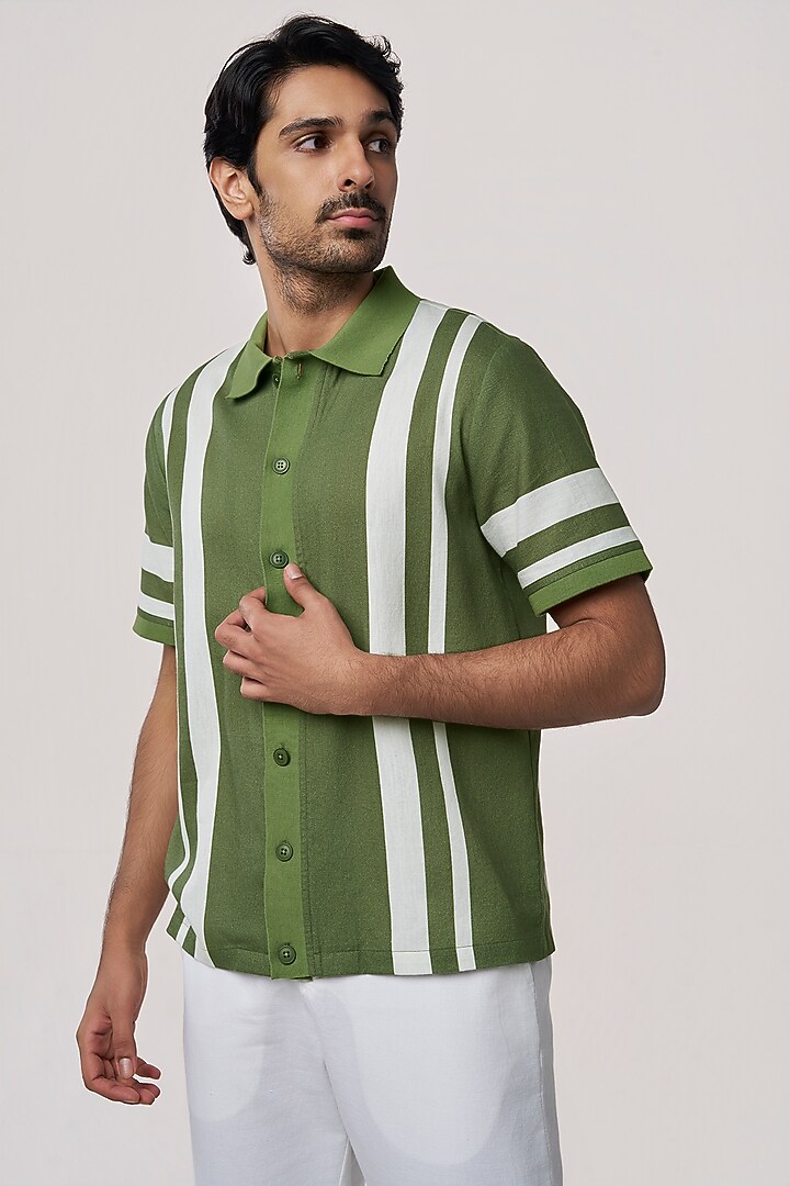 Cactus Green Organic Khadi Cotton Stripe Printed Party Wear Shirt by TERRA LUNA at Pernia's Pop Up Shop