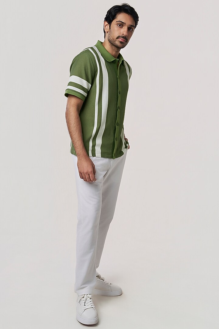 Cactus Green Organic Khadi Cotton Stripe Printed Party Wear Shirt by TERRA LUNA at Pernia's Pop Up Shop