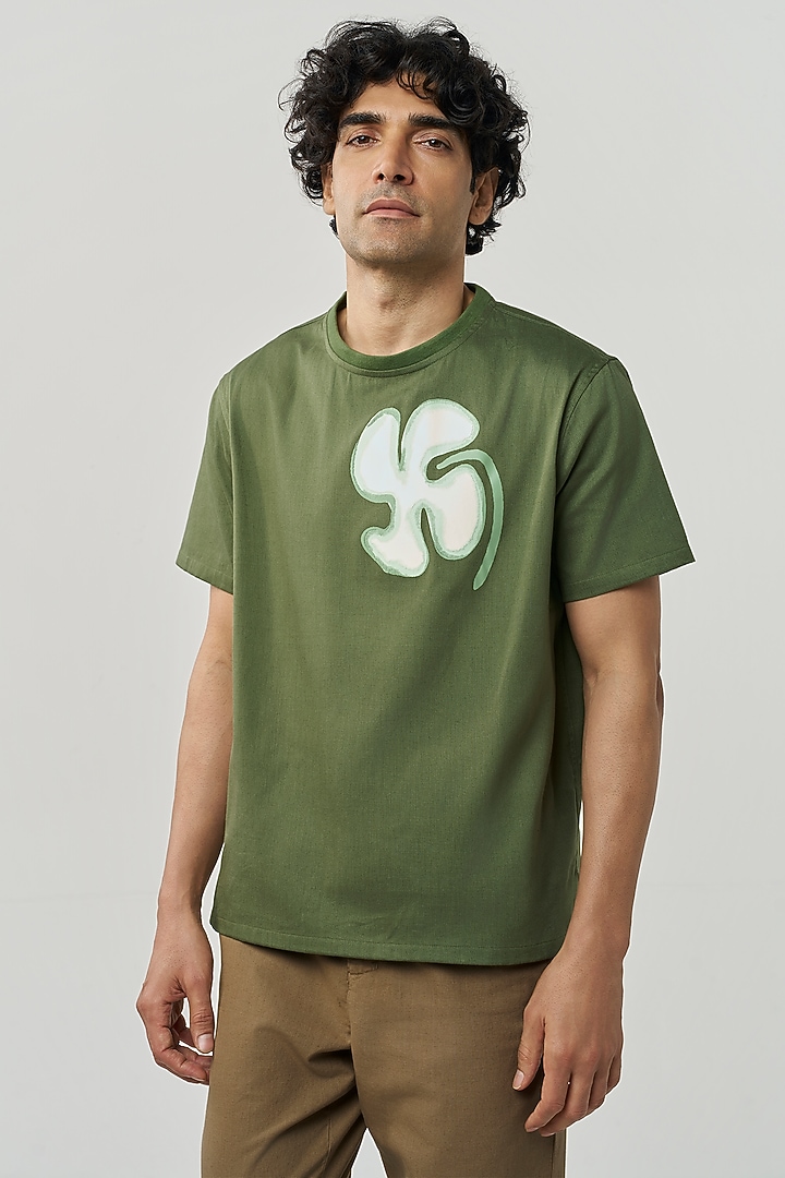 Green Organic Khadi Cotton Printed T-Shirt by TERRA LUNA at Pernia's Pop Up Shop