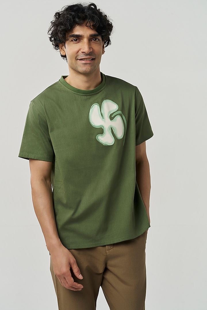 Green Organic Khadi Cotton Printed T-Shirt by TERRA LUNA at Pernia's Pop Up Shop