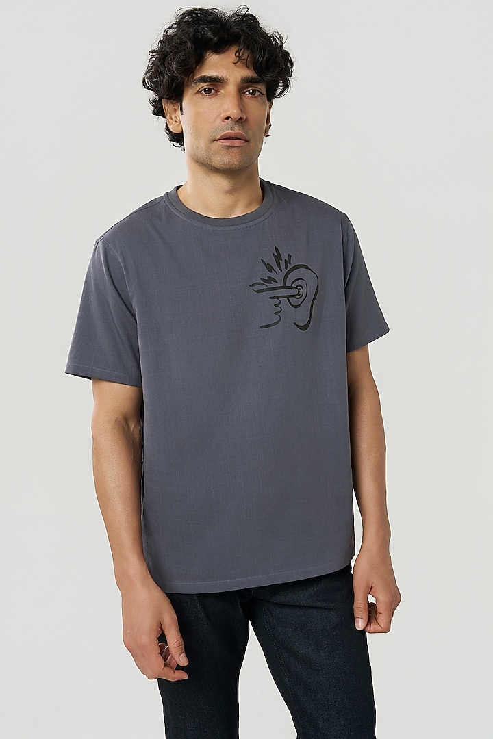 Charcoal Organic Khadi Cotton Printed T-Shirt by TERRA LUNA at Pernia's Pop Up Shop