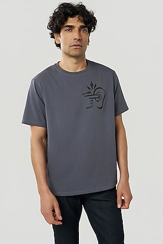 Charcoal Organic Khadi Cotton Printed T-Shirt by TERRA LUNA