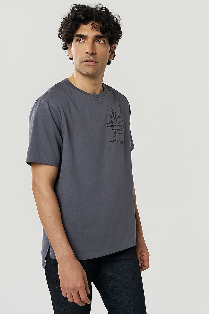 Charcoal Organic Khadi Cotton Printed T-Shirt by TERRA LUNA at Pernia's Pop Up Shop