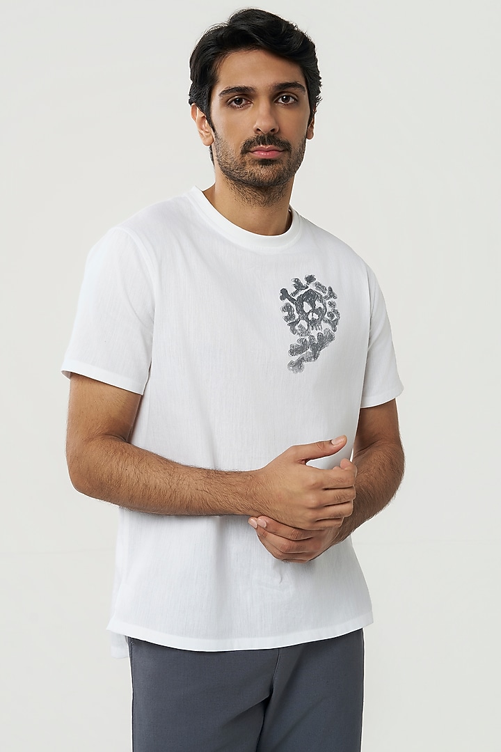 White Organic Khadi Cotton Printed T-Shirt by TERRA LUNA at Pernia's Pop Up Shop