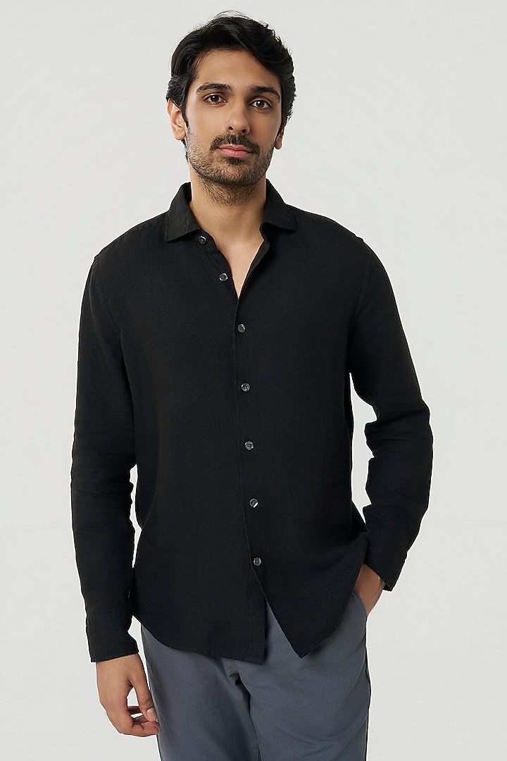 Black Linen Party Wear Shirt by TERRA LUNA at Pernia's Pop Up Shop
