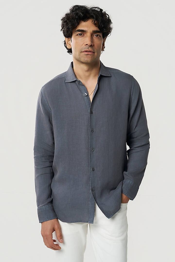 Smoke Grey Linen Party Wear Shirt by TERRA LUNA at Pernia's Pop Up Shop