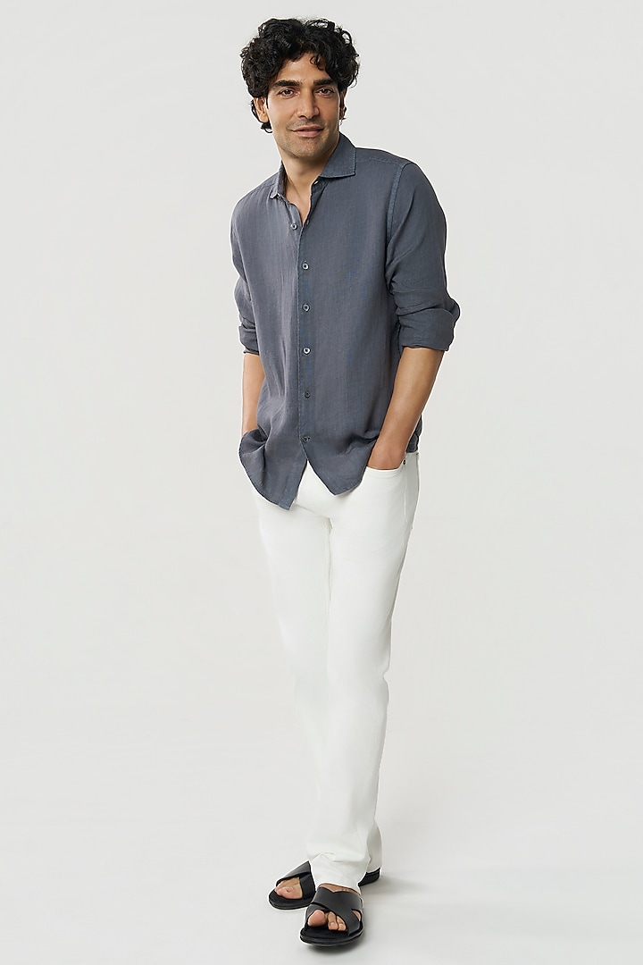 Smoke Grey Linen Party Wear Shirt by TERRA LUNA at Pernia's Pop Up Shop