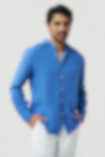 Ocean Blue Linen Party Wear Shirt by TERRA LUNA at Pernia's Pop Up Shop