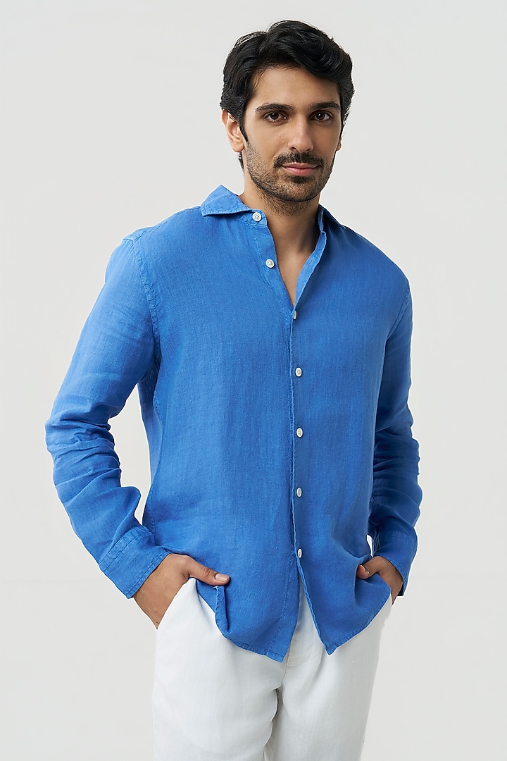 Ocean Blue Linen Party Wear Shirt by TERRA LUNA at Pernia's Pop Up Shop