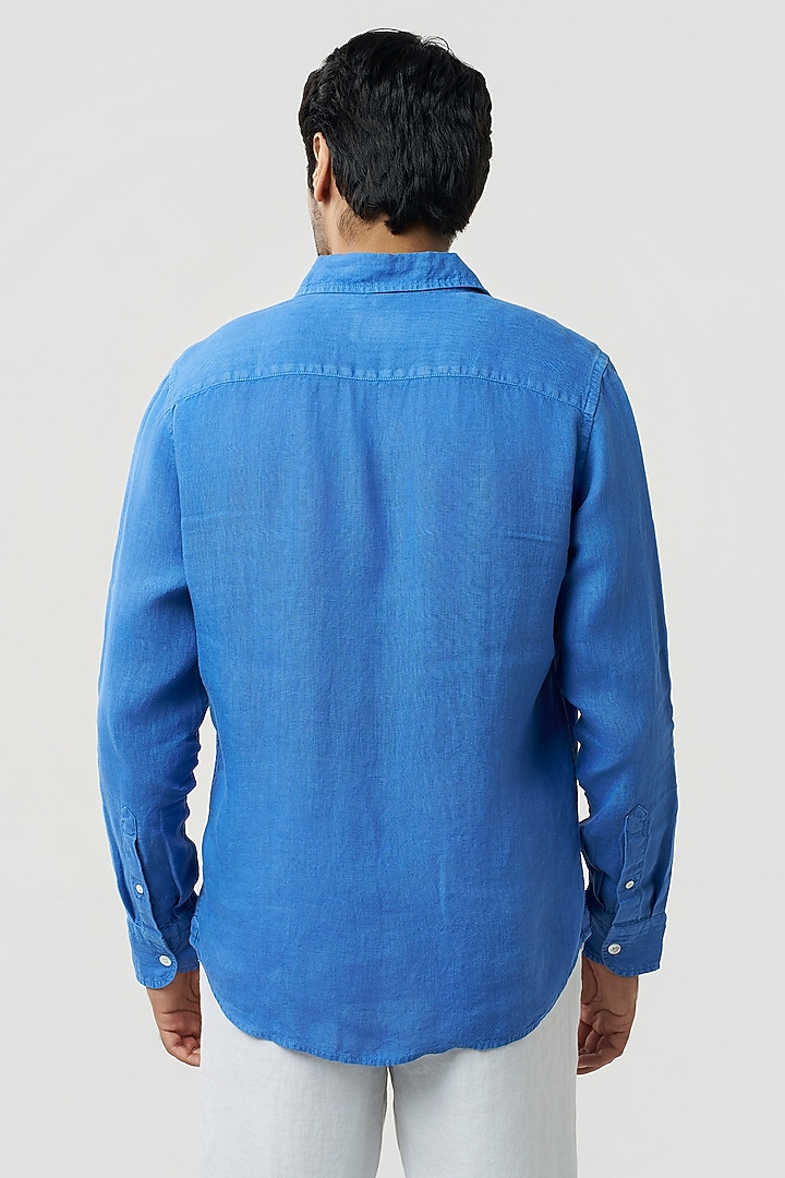 Ocean Blue Linen Party Wear Shirt by TERRA LUNA at Pernia's Pop Up Shop