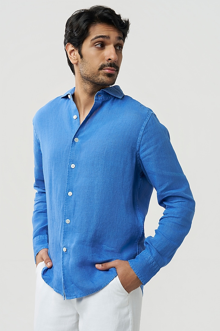Ocean Blue Linen Party Wear Shirt by TERRA LUNA at Pernia's Pop Up Shop