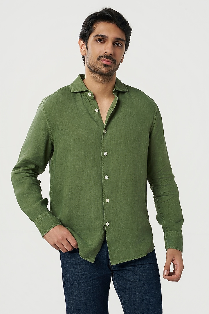 Cactus Green Linen Party Wear Shirt by TERRA LUNA at Pernia's Pop Up Shop