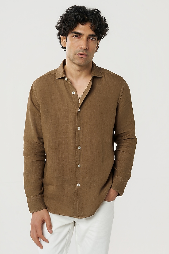 Sand-Colored Linen Party Wear Shirt by TERRA LUNA at Pernia's Pop Up Shop
