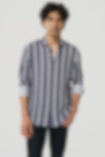 Smoke Grey Linen Stripe Printed Party Wear Shirt by TERRA LUNA at Pernia's Pop Up Shop