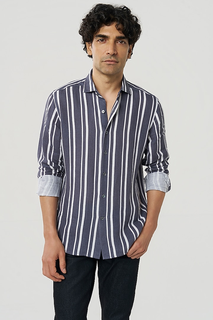 Smoke Grey Linen Stripe Printed Party Wear Shirt by TERRA LUNA at Pernia's Pop Up Shop