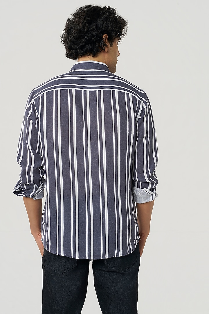 Smoke Grey Linen Stripe Printed Party Wear Shirt by TERRA LUNA at Pernia's Pop Up Shop