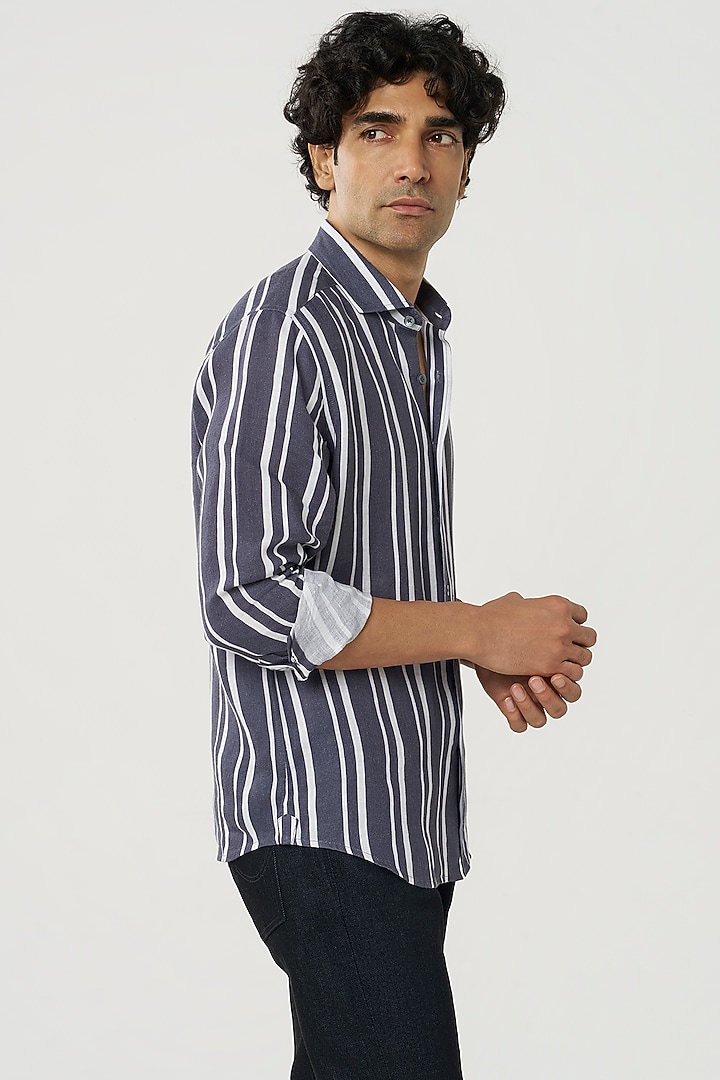 Smoke Grey Linen Stripe Printed Party Wear Shirt by TERRA LUNA at Pernia's Pop Up Shop