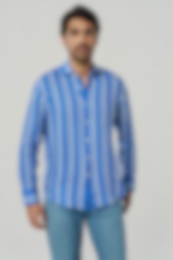 Ocean Blue Linen Stripe Printed Party Wear Shirt by TERRA LUNA at Pernia's Pop Up Shop