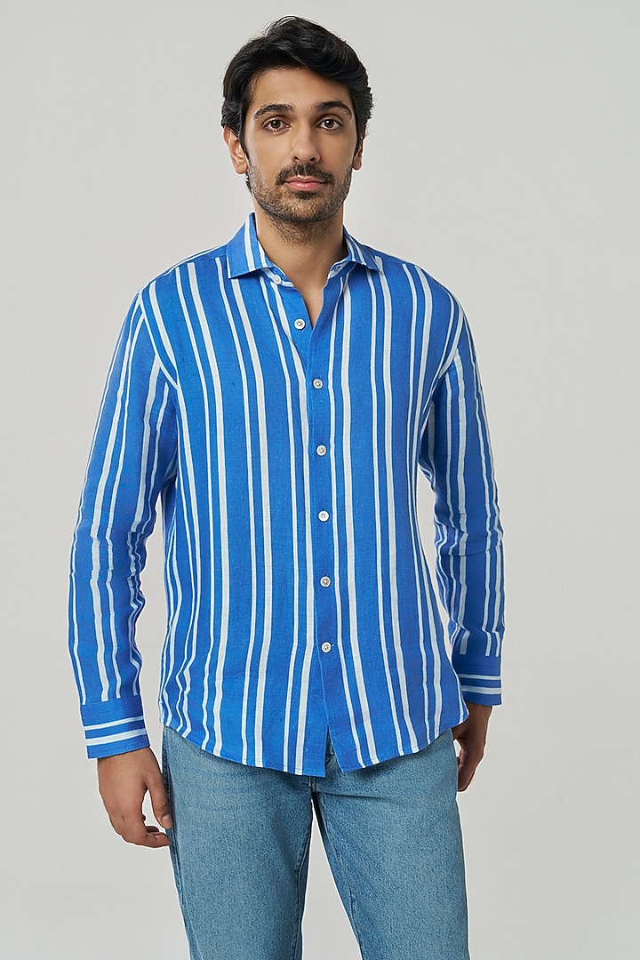 Ocean Blue Linen Stripe Printed Party Wear Shirt by TERRA LUNA at Pernia's Pop Up Shop