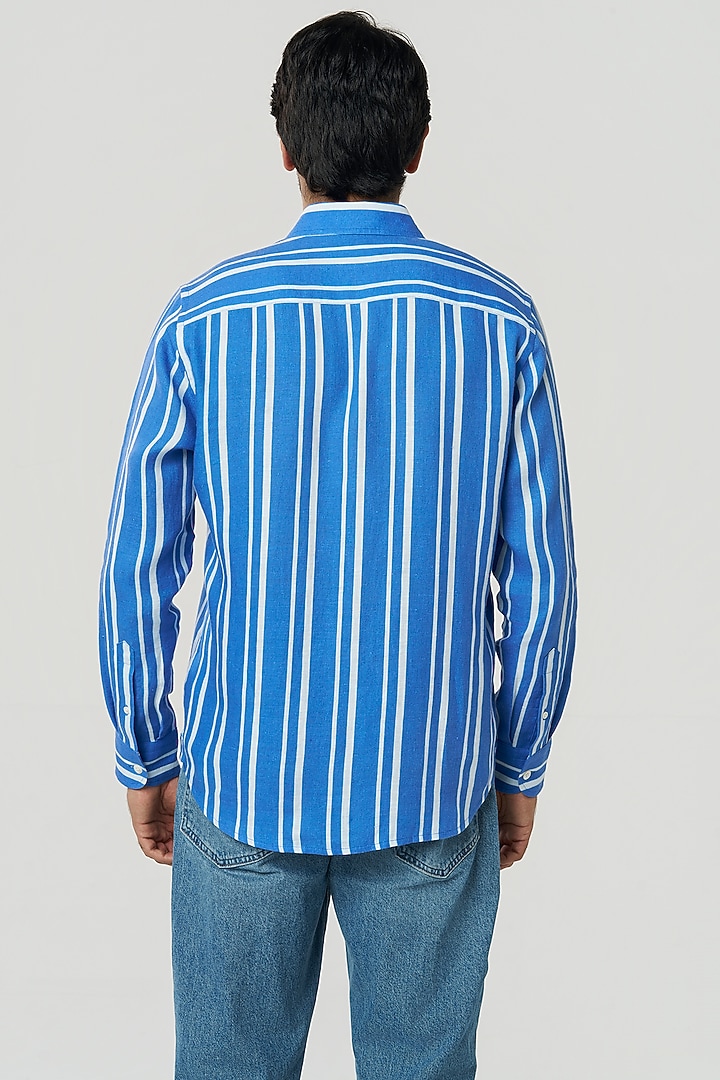 Ocean Blue Linen Stripe Printed Party Wear Shirt by TERRA LUNA at Pernia's Pop Up Shop