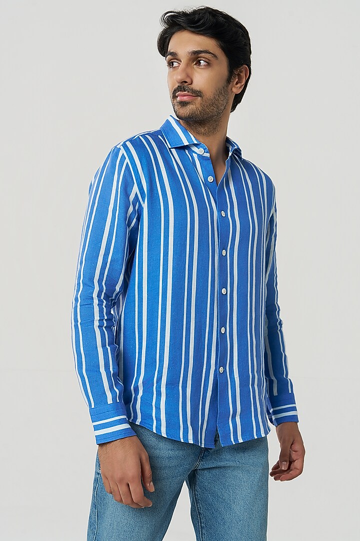 Ocean Blue Linen Stripe Printed Party Wear Shirt by TERRA LUNA at Pernia's Pop Up Shop