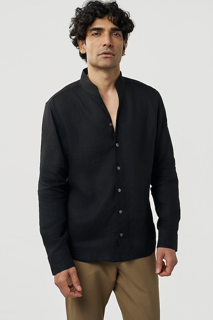 Black Linen Party Wear Shirt by TERRA LUNA at Pernia's Pop Up Shop