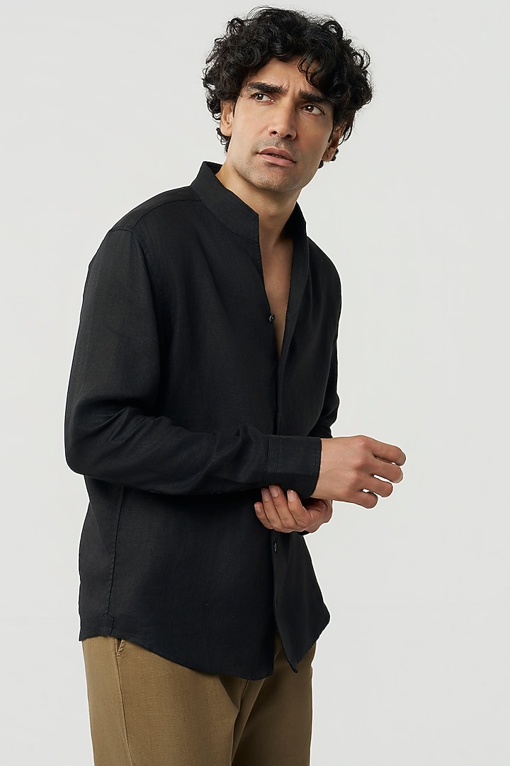 Black Linen Party Wear Shirt by TERRA LUNA at Pernia's Pop Up Shop