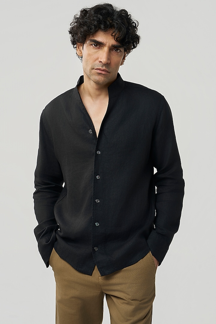 Black Linen Party Wear Shirt by TERRA LUNA at Pernia's Pop Up Shop